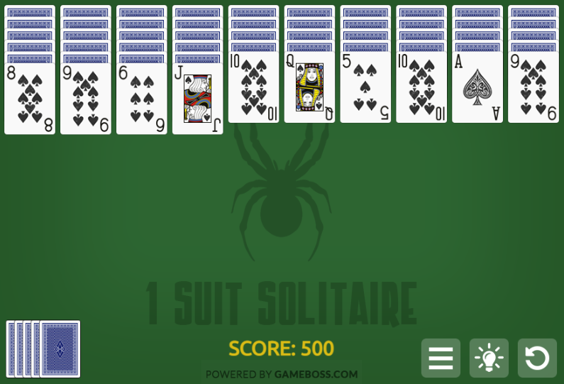 1 Suit Spider Solitaire game screenshot
